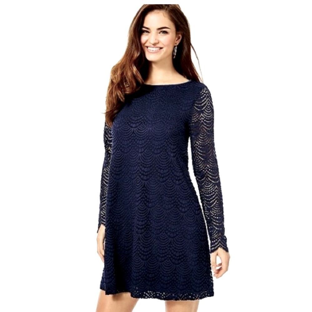 Lilly Pulitzer Ophelia Scalloped Shell Lace Long Sleeve Swing Dress Navy Size S